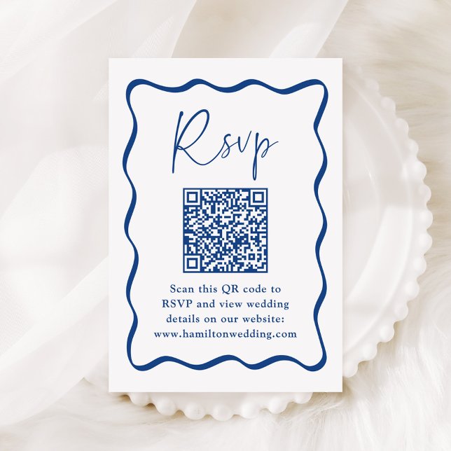 Tarjeta De Recepción Moderno marco ondulado azul QR Boda de código RSVP (Subido por el creador)