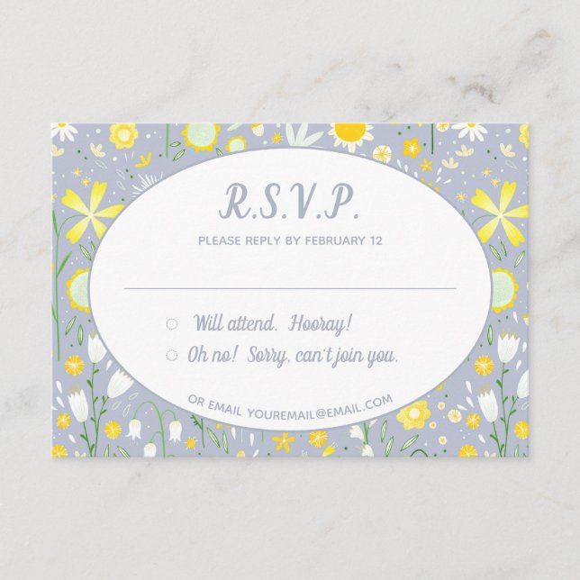 Tarjeta De Recepción Moderno matrimonio floral amarillo azul RSVP (Anverso)
