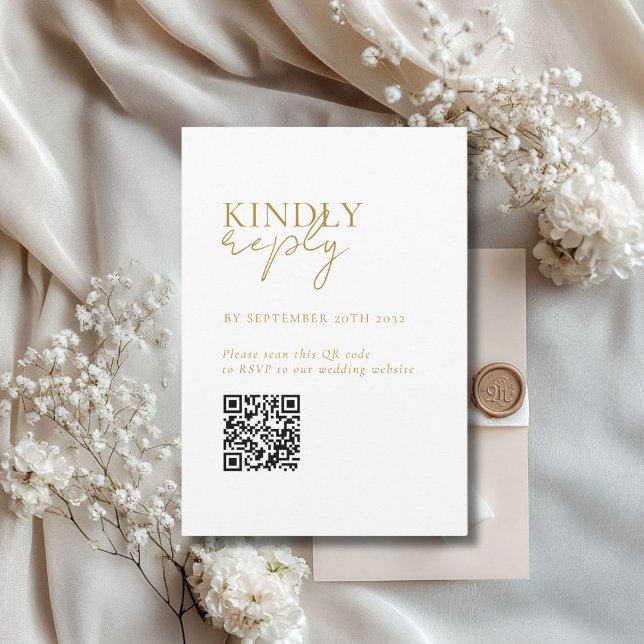 Tarjeta De Recepción Moderno, Mínimo, Blanco, Código QR Boda RSVP (Modern, Minimal, White + Beige + Gold, QR Code Wedding RSVP Enclosure Card)