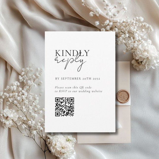 Tarjeta De Recepción Moderno, Mínimo, Blanco, Código QR Boda RSVP (Modern, Minimal, White, QR Code Wedding RSVP Enclosure Card)