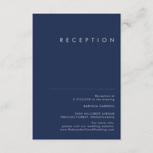 Tarjeta De Recepción Moderno Mínimo Navy Blue Silver Wedding Receptor (Anverso)
