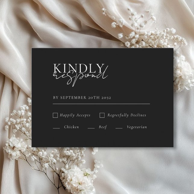 Tarjeta De Recepción Moderno, mínimo, negro, código QR Boda RSVP (Modern, Minimal, Black, QR Code Wedding RSVP Enclosure Card with meal choice.)