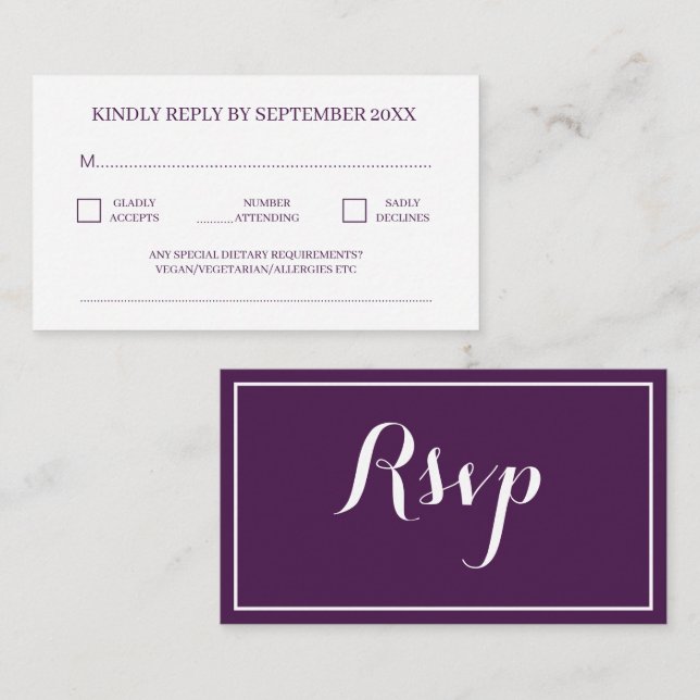 Tarjeta De Recepción Moderno Mínimo Tradicional Boda Púrpura RSVP (Anverso / Reverso)