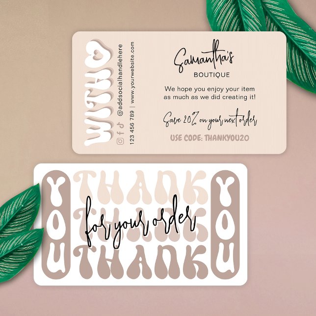 Tarjeta De Recepción Moderno Negocio Retro Beige Gracias A Descuento (Trendy retro beige business thank you package inserts with groovy fonts and custom thank you message)