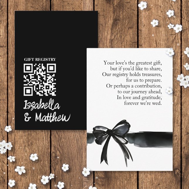 Tarjeta De Recepción Moderno registro de Bodas de Black Bow Poem Tarjet (Modern Black White Bow Wedding Registry Poem QR Card stationary saying ribbon trendy money or gift )