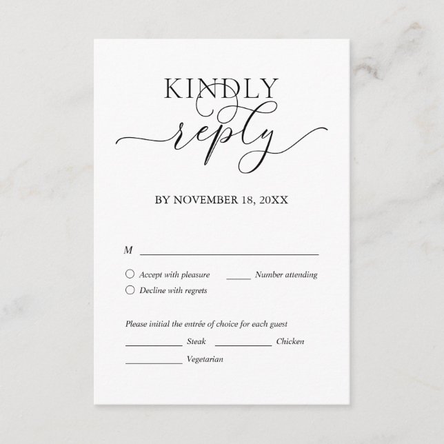 Tarjeta De Recepción Moderno romantico, escritura negra, cena Boda RSVP (Anverso)