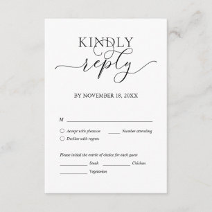 Tarjeta De Recepción Moderno romantico, escritura negra, cena Boda RSVP