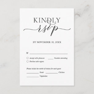 Tarjeta De Recepción Moderno romantico, escritura negra, cena Boda RSVP