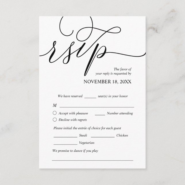 Tarjeta De Recepción Moderno Romántico, Negro, Cena Boda RSVP (Anverso)