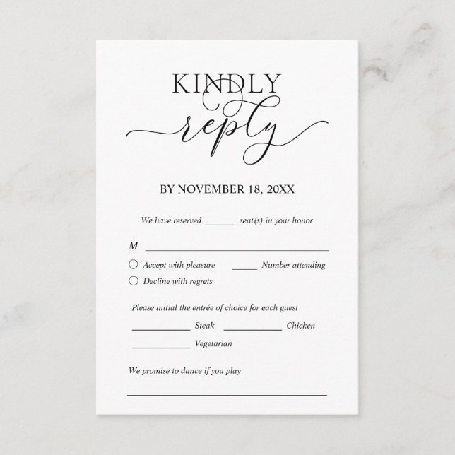 Tarjeta De Recepción Moderno Romántico, Negro, Cena Boda RSVP (Anverso)