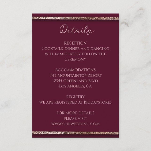 Tarjeta De Recepción Moderno Rosa  Purpurina de oro y Borgoña (Anverso)