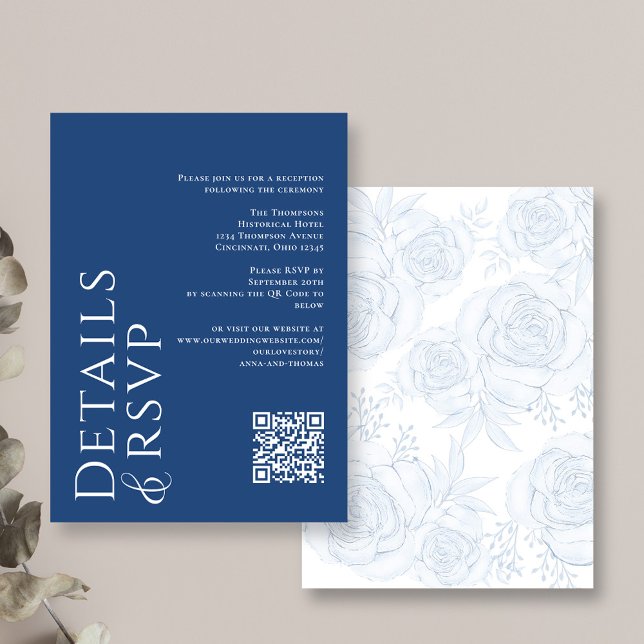 Tarjeta De Recepción Moderno y elegante código QR RSVP detalles Floral  (Modern style Wedding Details and RSVP enclosure card with QR Code)