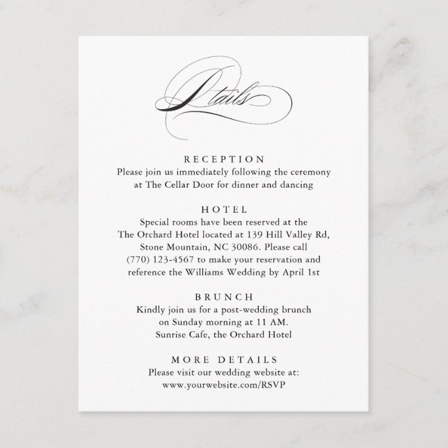 Tarjeta De Recepción Moderno y elegante guión detalles del Boda clásico (Anverso)