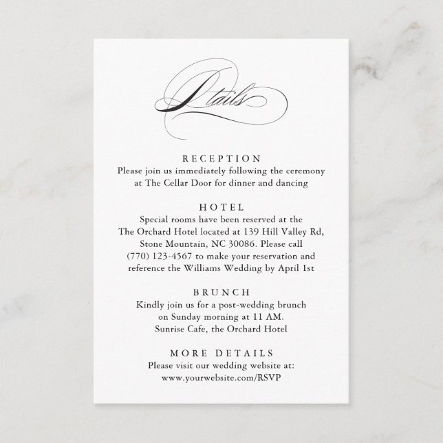 Tarjeta De Recepción Moderno y elegante guión detalles del Boda clásico (Anverso)