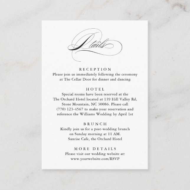 Tarjeta De Recepción Moderno y elegante guión detalles del Boda clásico (Anverso)