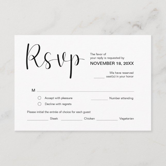 Tarjeta De Recepción Moderno y elegante minimal, RSVP, Black Font, Resp (Anverso)