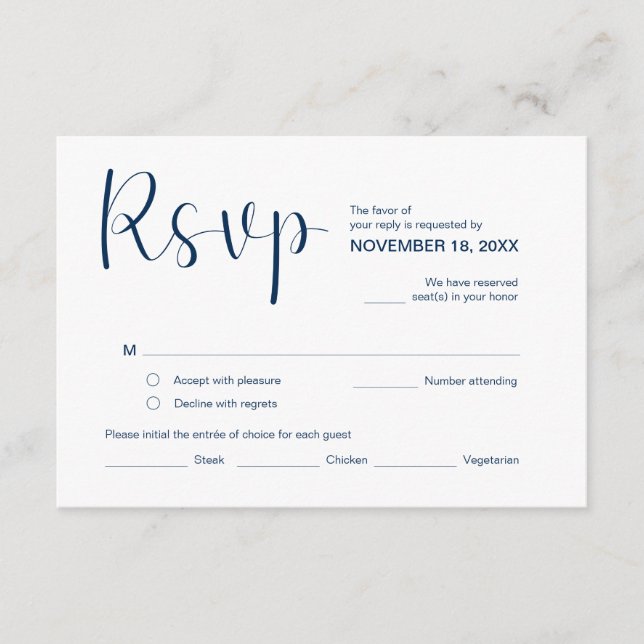 Tarjeta De Recepción Moderno y elegante Mínimo, RSVP, Azul marino, Resp (Anverso)