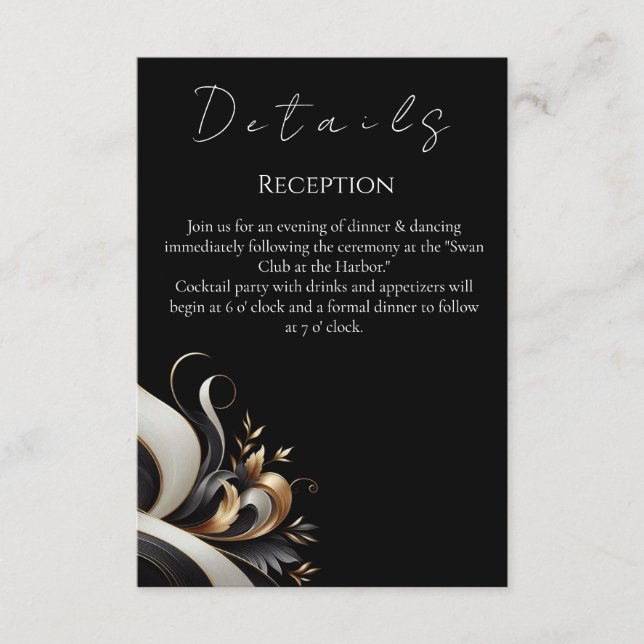 Tarjeta De Recepción Moderno y elegante negro y oro (Anverso)