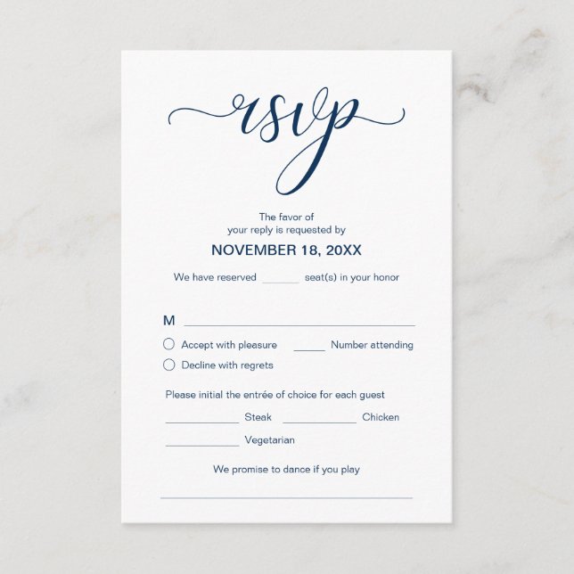 Tarjeta De Recepción Moderno y elegante RSVP, Azul marino, Responder (Anverso)