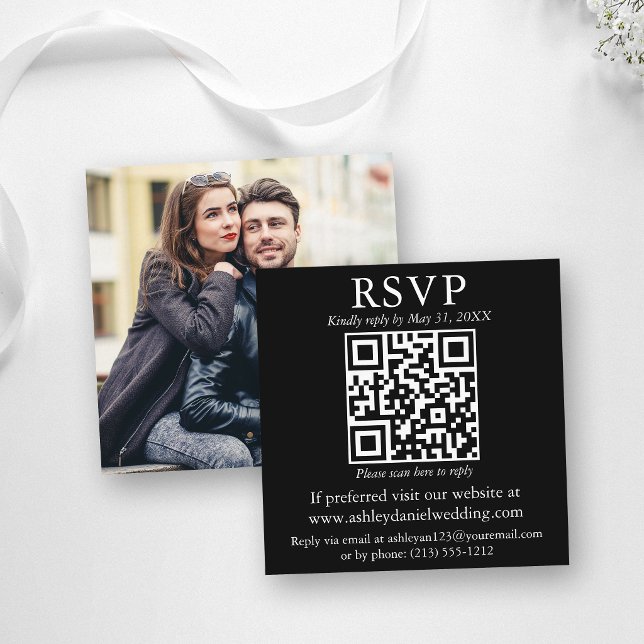 Tarjeta De Recepción Moderno y simple Boda fotográfico QR Black RSVP (Customize to change text size or text style.)
