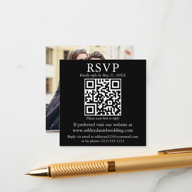 Tarjeta De Recepción Moderno y simple Boda fotográfico QR Black RSVP (Anverso/Reverso In Situ)