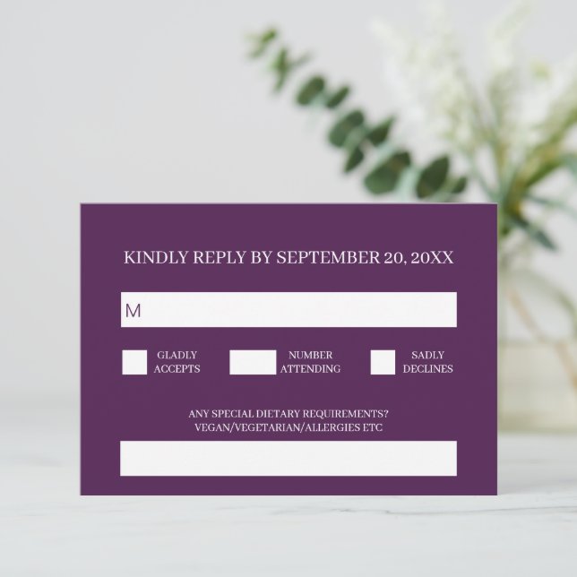 Tarjeta De Recepción Moderno y simple boda púrpura tradicional RSVP (Anverso de pie)