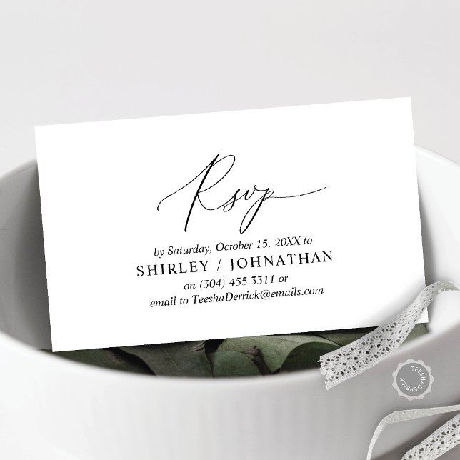 Tarjeta De Recepción Moderno y simple caligrafía negra, boda RSVP (Invitation RSVP respond Enclosure Card, with wedding website, in Elegant Romantic Black and white)