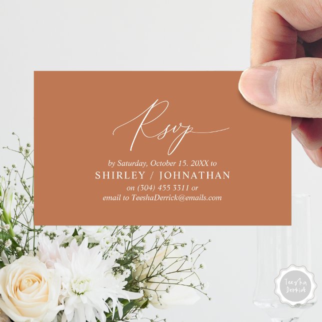 Tarjeta De Recepción Moderno y simple caligrafía negra, boda RSVP (Wedding Dinner Invitation RSVP Enclosed Card, Online, Email, Modern Romantic, in Copper Rust Brown)