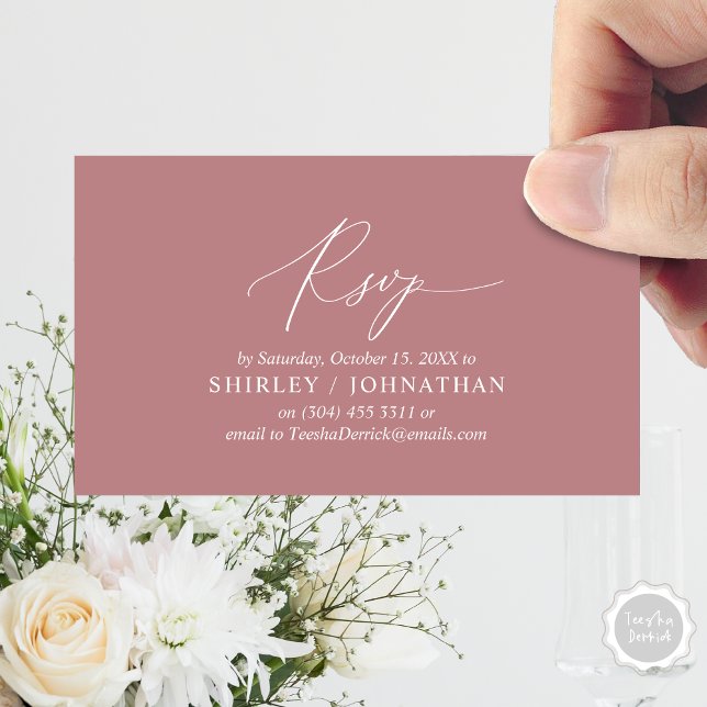 Tarjeta De Recepción Moderno y simple caligrafía negra, boda RSVP (Wedding Dinner Invitation RSVP Enclosed Card, Online, Email, Modern Romantic, in Dusty Rose Pink )