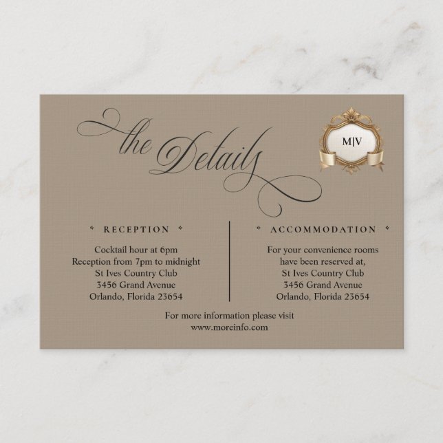 Tarjeta De Recepción Monogram Crest Details Enclosure Card (Anverso)