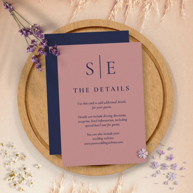 Tarjeta De Recepción Monogram Navy Blue And Rose Gold Wedding Details (Subido por el creador)