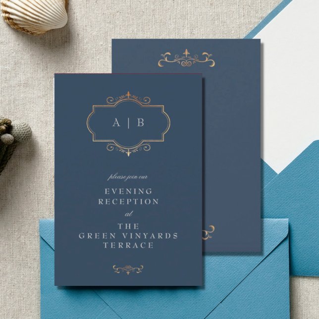 Tarjeta De Recepción monograma clásico de oro azul marino burdeos maroo (Subido por el creador)