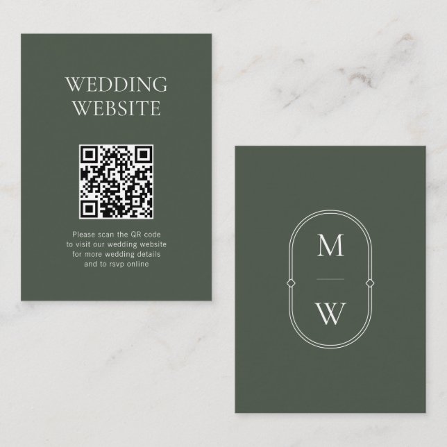 Tarjeta De Recepción Monograma Código QR Moss Sitio Web Boda Verde (Anverso / Reverso)