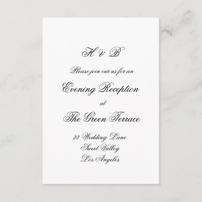Tarjeta De Recepción Monograma de caligrafía Boda formal blanco y negro (Anverso)