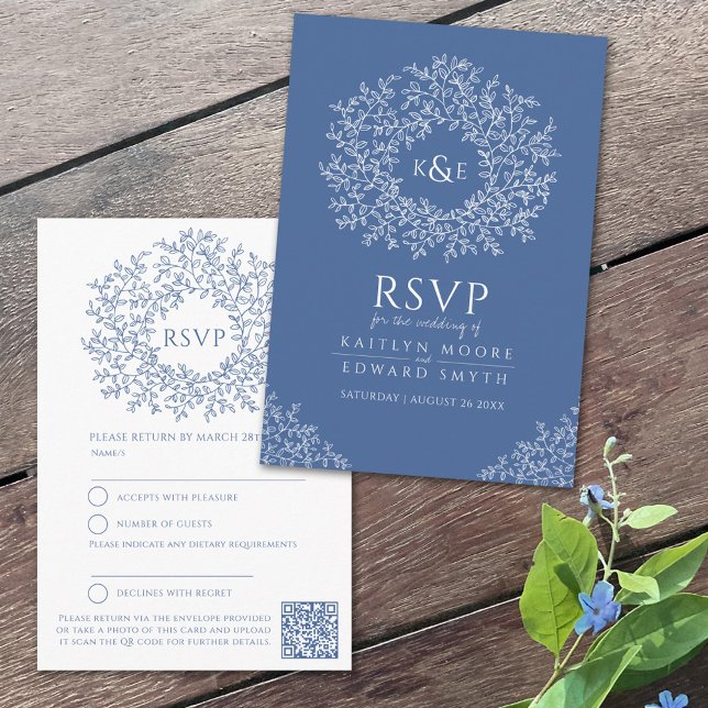 Tarjeta De Recepción Monograma de hoja azul RSVP boda Código QR (Subido por el creador)