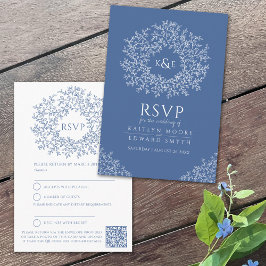 Tarjeta De Recepción Monograma de hoja azul RSVP boda Código QR