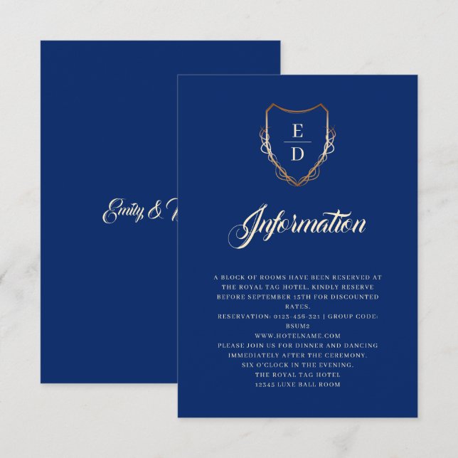 Tarjeta De Recepción Monograma de oro azul clásico (Anverso / Reverso)