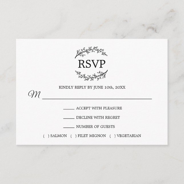 Tarjeta De Recepción Monograma de ramas blancas negras RSVP (Anverso)