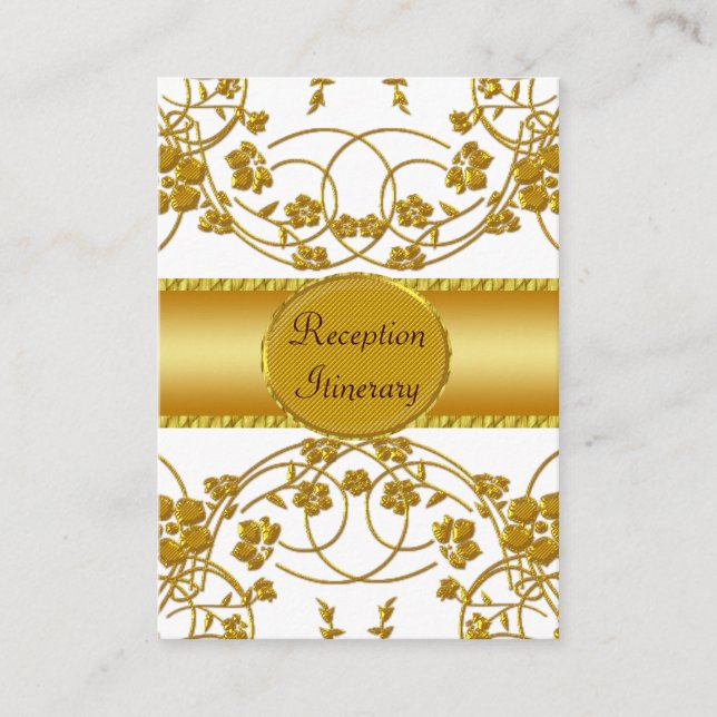 Tarjeta De Recepción Monograma del Boda floral dorado y blanco (Anverso)