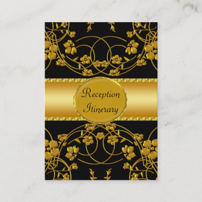 Tarjeta De Recepción Monograma del Boda floral dorado y negro (Anverso)