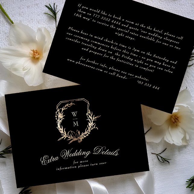 Tarjeta De Recepción Monograma dorado crema y negro | Nuestros Bodas De (Subido por el creador)