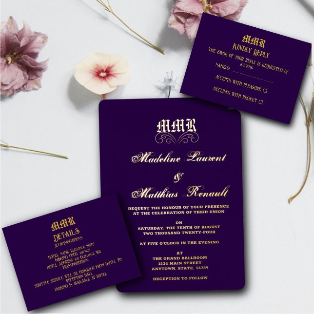 Tarjeta De Recepción Monograma elegante morado oscuro y dorado RSVP (Subido por el creador)