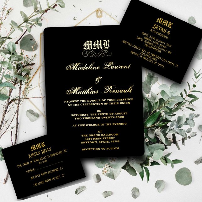 Tarjeta De Recepción Monograma elegante negro y oro RSVP (Subido por el creador)