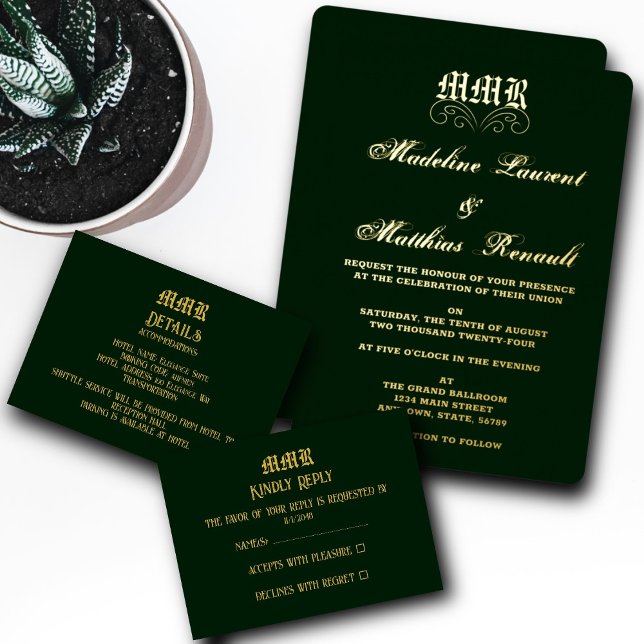 Tarjeta De Recepción Monograma elegante verde oscuro y oro RSVP (Subido por el creador)