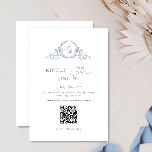 Tarjeta De Recepción Monograma formal Dusty azul QR Boda de código RSVP