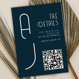 Tarjeta De Recepción  Monograma Mate Minimal Código Qr Boda Azul Marino