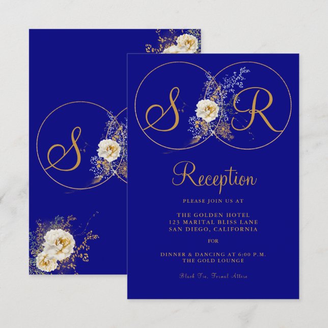 Tarjeta de recepción Monograma Navy Blue Gold (Anverso / Reverso)