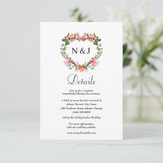 Tarjeta De Recepción Monograma Rosa romántico Boda del corazón floral