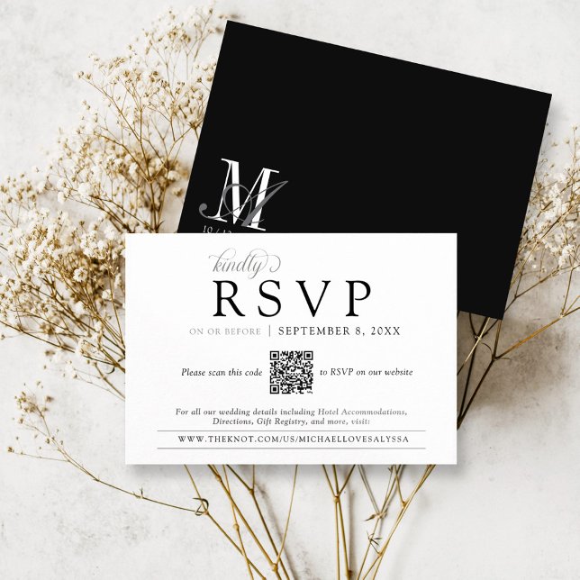 Tarjeta De Recepción Monograma simple en blanco y negro Boda QR RSVP (Simple classic black and white vintage monogram crest informal QR code rsvp on wedding website card)