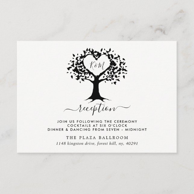 Tarjeta De Recepción Monograma simple negro y blanco Boda de árbol del  (Anverso)